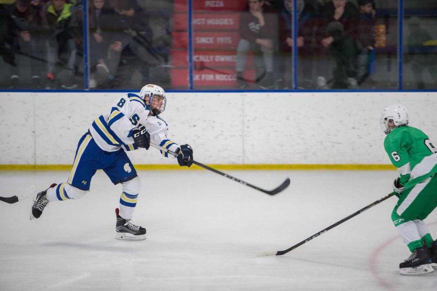 Sophomore+Michael+Bagnoli+shoots+the+puck.+Bagnoli+is+a+two+sport+varsity+athlete+playing+soccer+and+hockey.