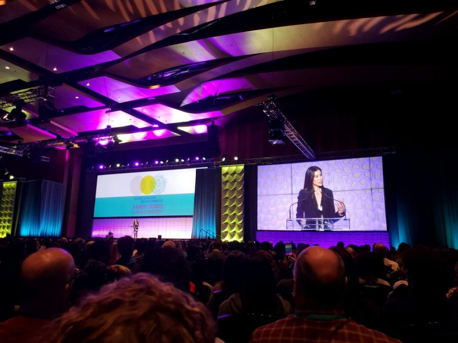 Journalist Lisa Ling speaks to the conference of students. 