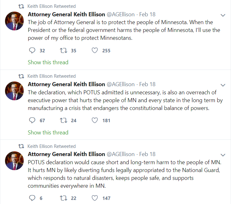 On Feb 18, Keith Ellison sent out a series of tweets, alerting that he would be fighting the Trump administration for Minnesota. 