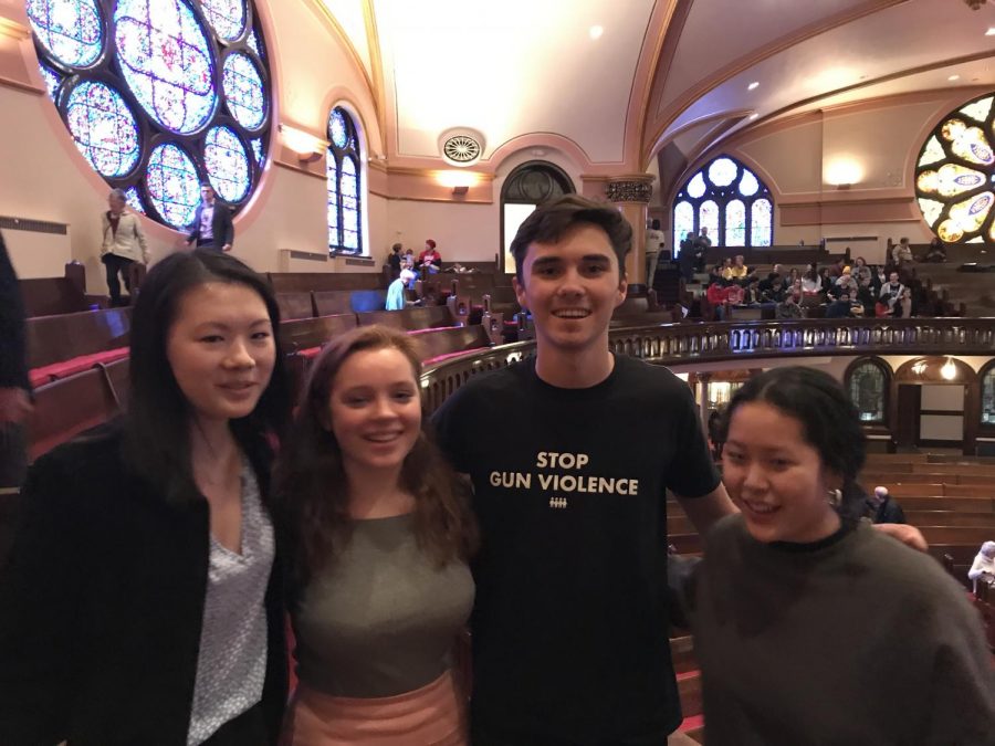 David Hogg with seniors Kat St. Martin-Norburg, Chloe Morse, and Elea Besse after an unexpected meeting.