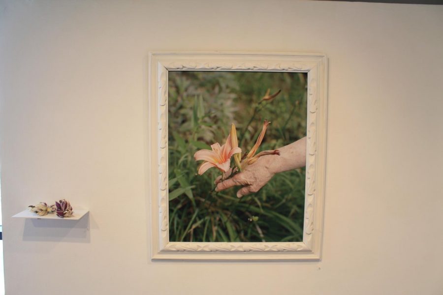 Mottas sentimental piece includes her grandmothers hand reaching out to touch a flower.