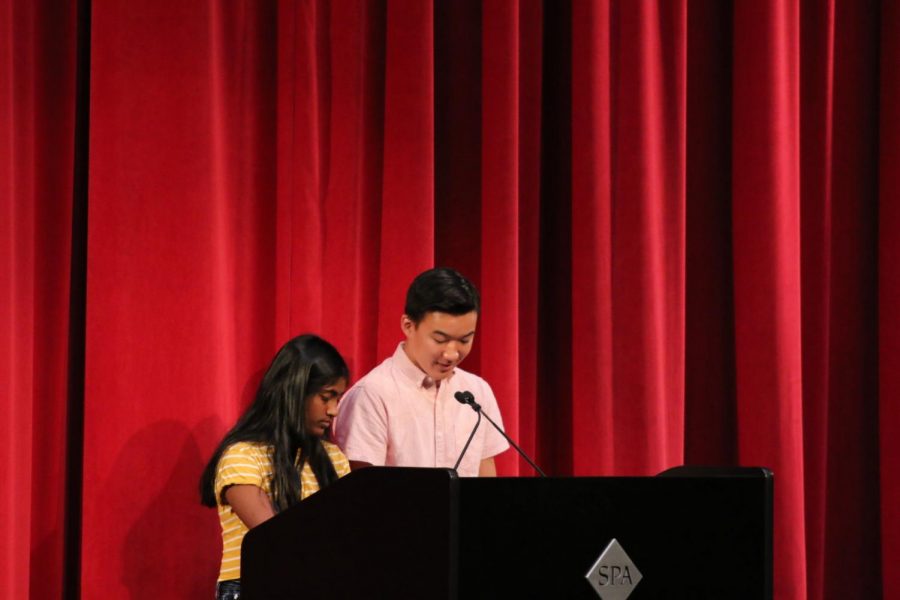 Rashmi Raveendran and Niko Liepins give a speech during X-period as part of their campaign to be USC Co-Presidents.