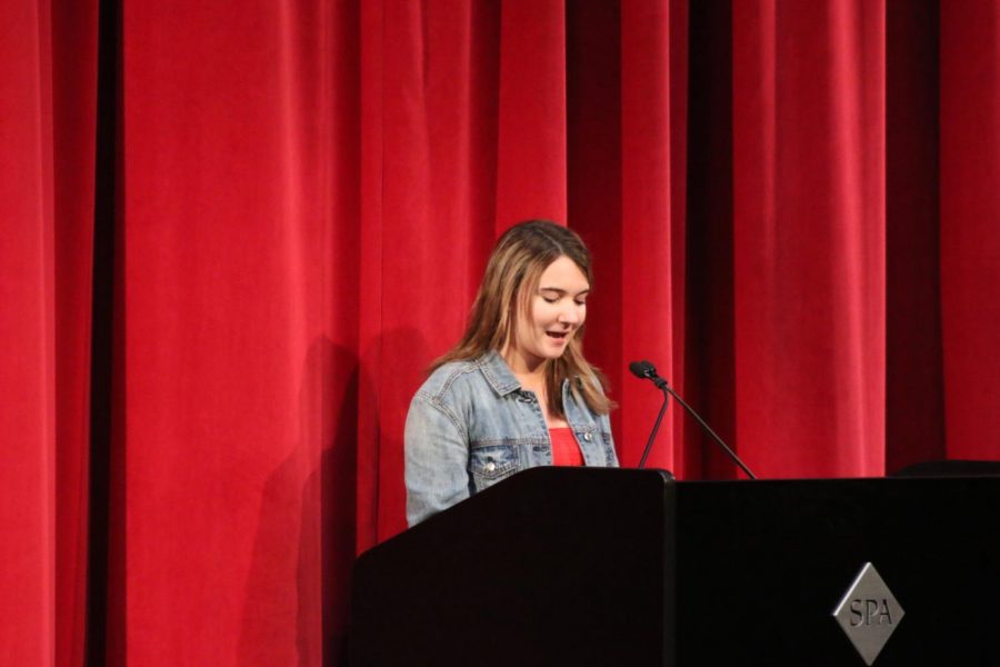 Maxanne Millerhaller gives a speech Tuesday X-period for SAC Secretary.