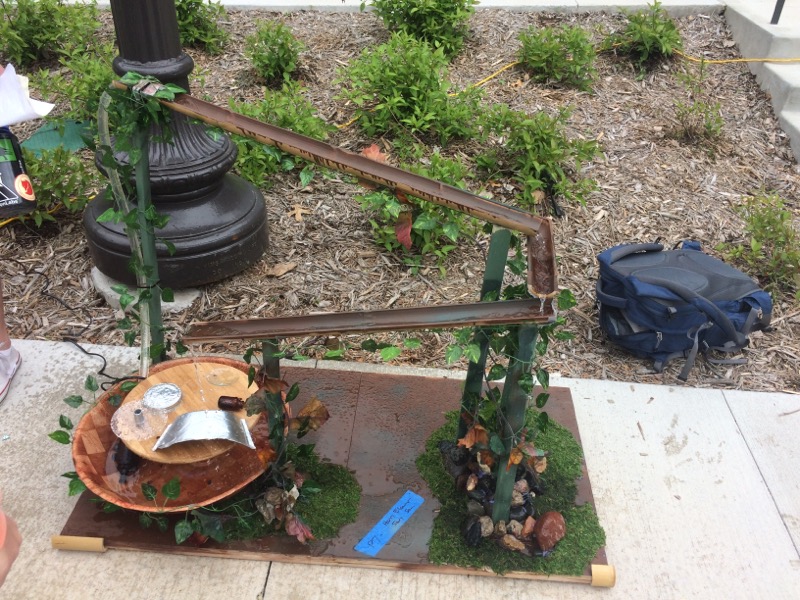 This sound sculpture entitled, “Baboon Fountain”, was created by Eleanor Smith, Sevy Hayes, Sam Zelazo, and Harry Mahmic. “We layered bamboo so [water] would fall on to different objects and those objects would make different sounds”Sevy Hayes said.