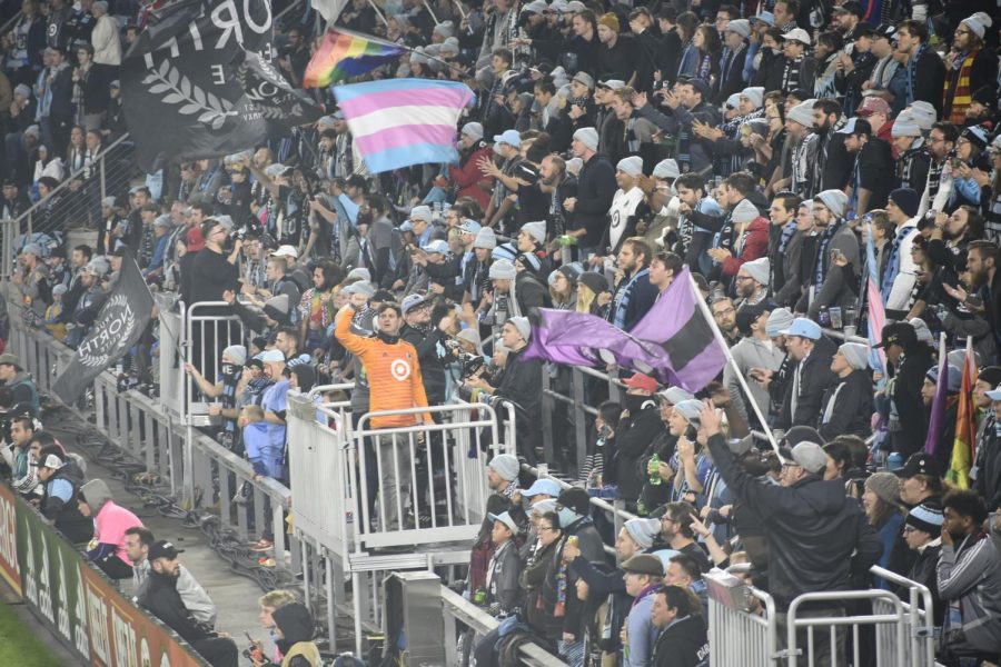 MNUFC wonderwall leads chants. “The game has a boisterous energy that electrifies the crowd. It makes everyone feel part of the atmosphere,” 9th grader Jack O’Brien said.