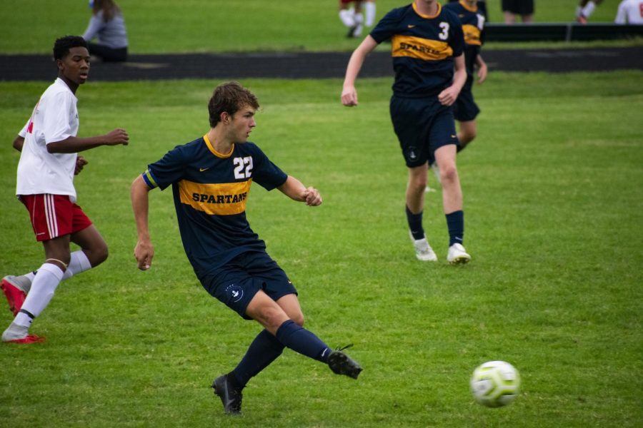 Boys soccer captain Thomas Bagnoli clearing the ball. 
Photo Submitted by Galen Juliusson