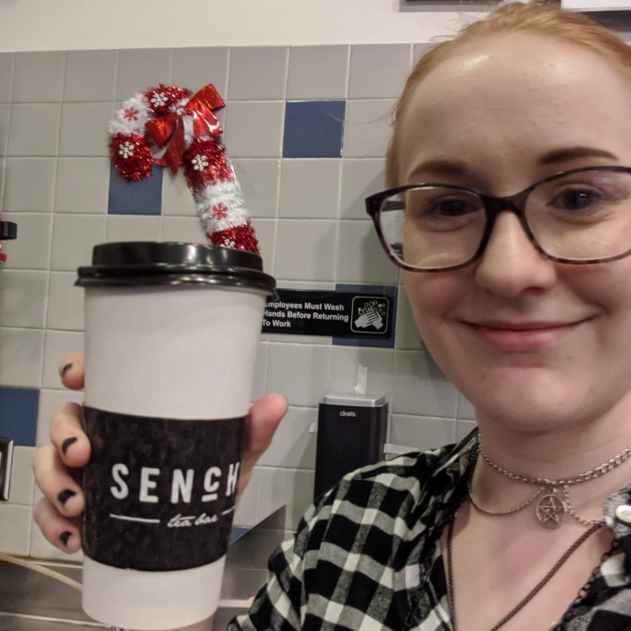 Tina WIlkens showcases a ready-made cup of Sencha tea.