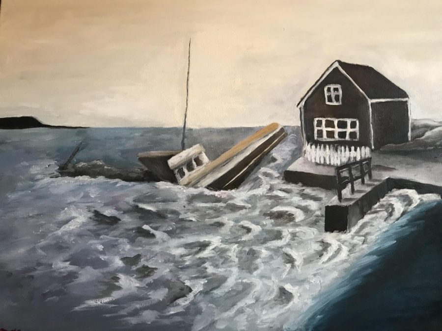 Milo Zelle was inspired by an image of Martha’s Vineyard when he created this piece. Zelle focused on highlighting the contrast of shapes in the piece to highlight the chaos of the scenery. “The photo that this was based upon was taken after a massive storm which destroyed many boats, docks, and houses,” Zelle said.  