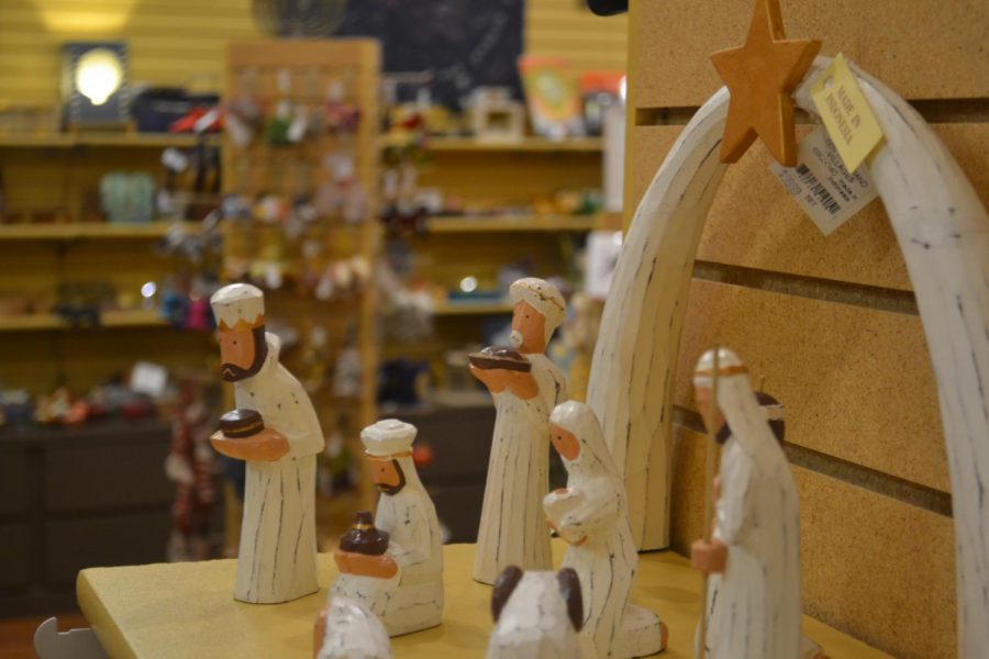 Wooden figurines of shepherds and Magi make up a nativity scene from Indonesia. Pekerti Nusantara, the organization of artisans that made this set, works to give back to their community with everything from education to disaster relief. “When you buy something at Ten Thousand Villages, it’s a gift that gives twice,” says staff member Emily Mesch.