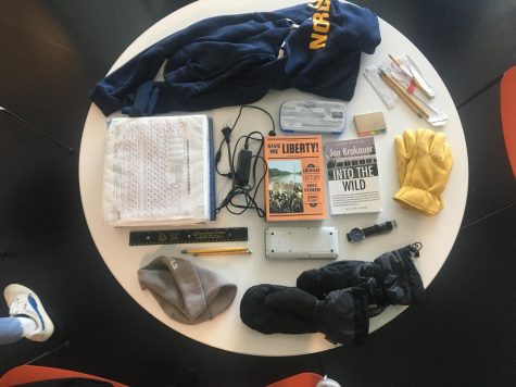 Everything in Garrett's bag, from calculators to sweatshirts.