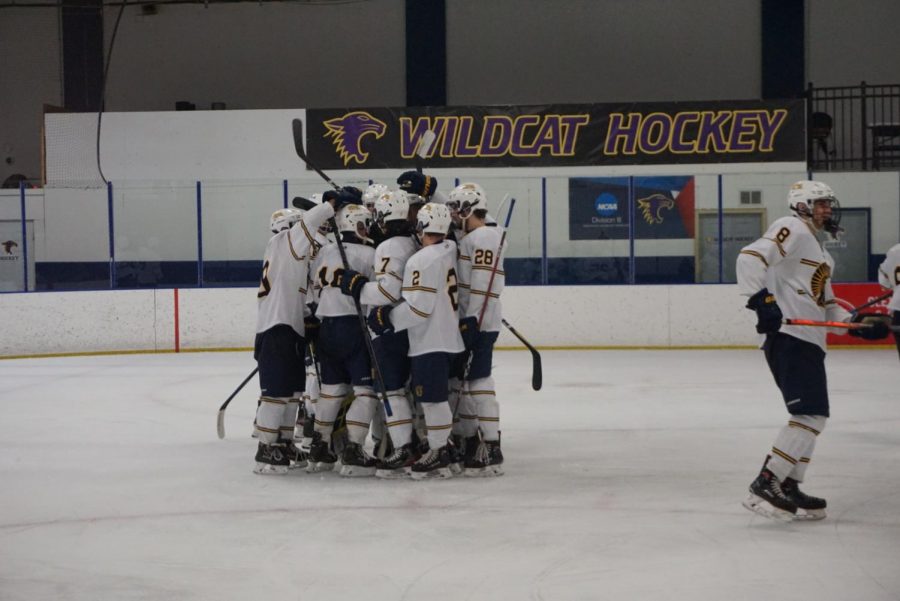 The Spartan hockey team celebrates after their big win against Highland last year by hugging each other. 