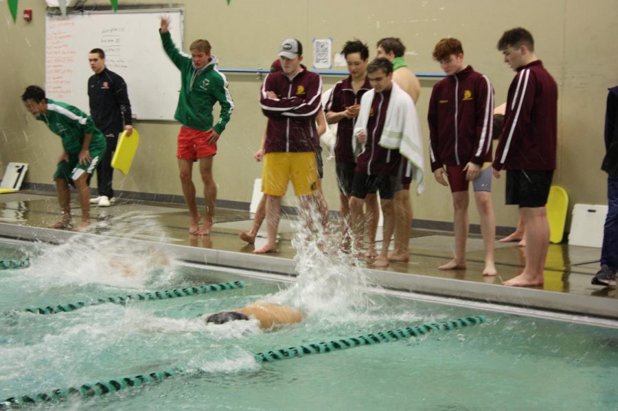 Trojans cheering on teammate at the end of the pool.