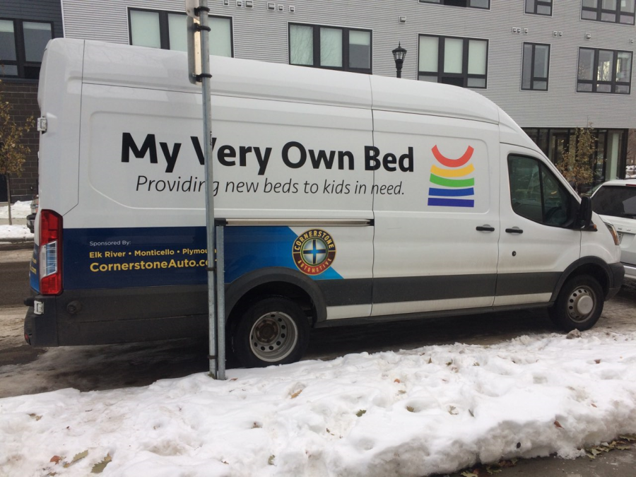 The official My Very Own Bed truck, parked outside the building. “Somebody donated a truck. It’s got the (logo) and everything” said Wanda Sweeney. The truck is used on weekends to deliver beds to the children who need them.