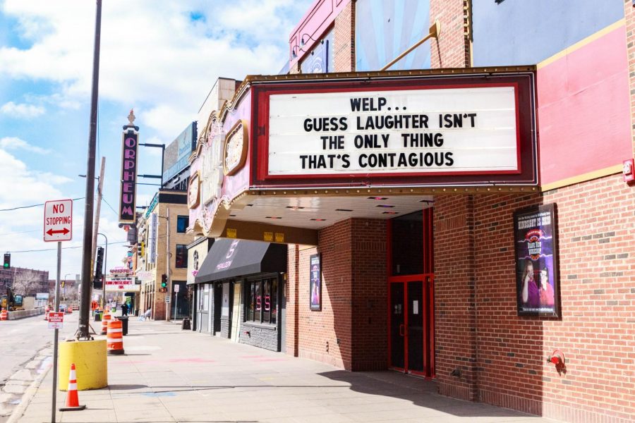 The Brave New Workshop, a sketch and improv comedy theater in Downtown Minneapolis, brings laughter with their marquee in the uncertain times of COVID-19.