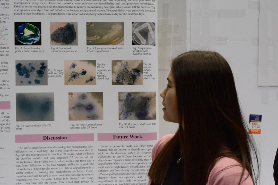 Junior Maya Choi presenting her project at her poster. "“We’re pretty shocked because we didn’t think our projects were up to this caliber. We worked hard on them, obviously, but it’s not what we expected,” Choi said.
