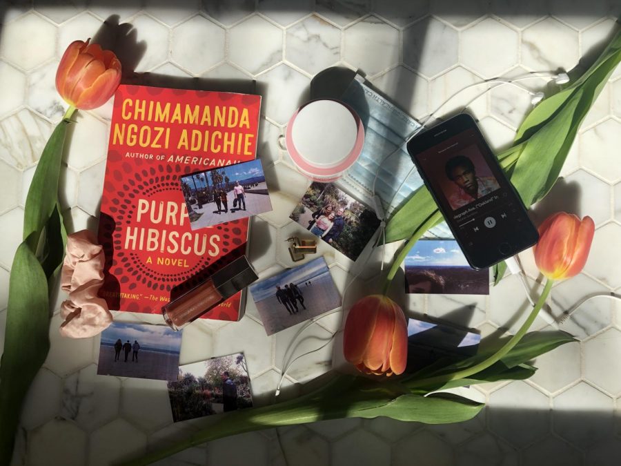 My quarantine essentials include flowers, my blue face mask for the grocery store, Fenty lipgloss, my pink scrunchie, an overnight face mask, gold earrings, the book “Purple Hibiscus”, my photos, earbuds, and my phone. My phone is playing the album “Because the Internet” by Childish Gambino, which I have been listening to a lot while at home. My earrings are my grandma’s from the 70’s and I just like to wear them around the house to feel put together. The photos are from my family's trip to LA. All of my items are in the sunlight which is also an essential because it makes me happy. 