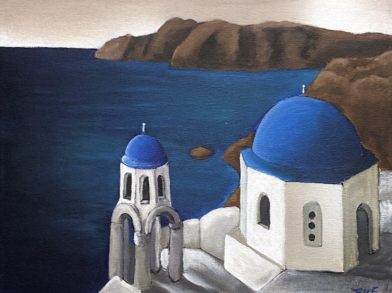 When I’m painting, a lot of the inspiration I get for scenery is actually from calendars, partly because the shape of the picture is similar to a canvas size I enjoy using, Fields said. This oil on canvas is titled Santorini