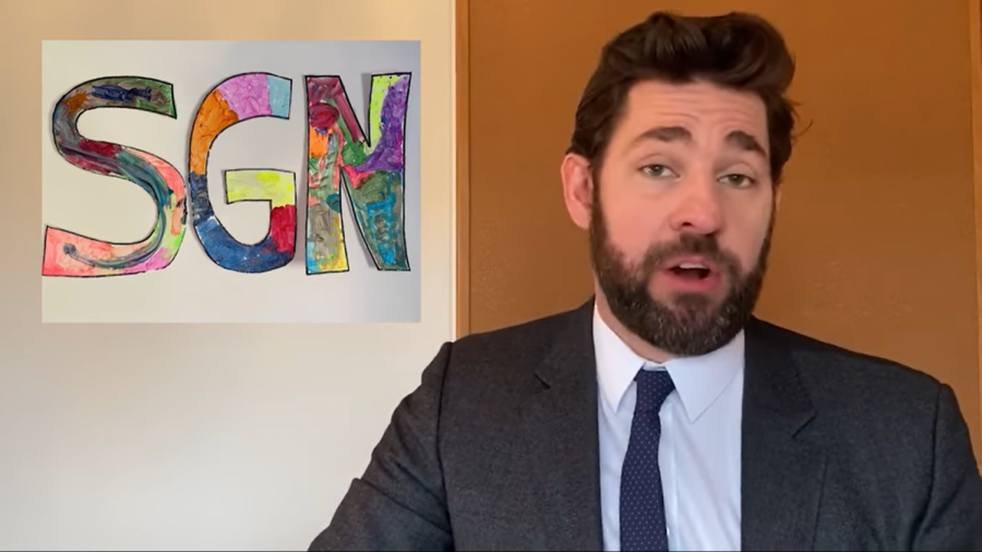 John Krasinski set up his Youtube Channel, Some Good News, in his house, featuring his homemade SGN sign.