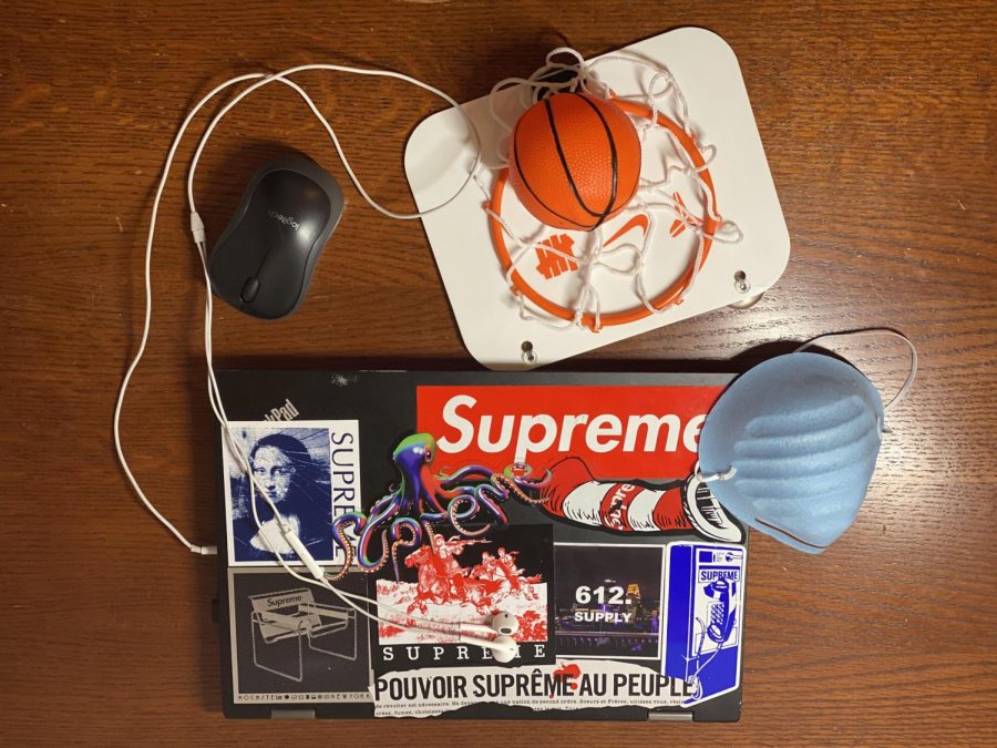 My quarantine essentials are my computer; a wireless mouse, because I can’t stand my trackpad; a mini basketball hoop, to entertain myself; and a mask so I can go out because I can’t stay inside all day.