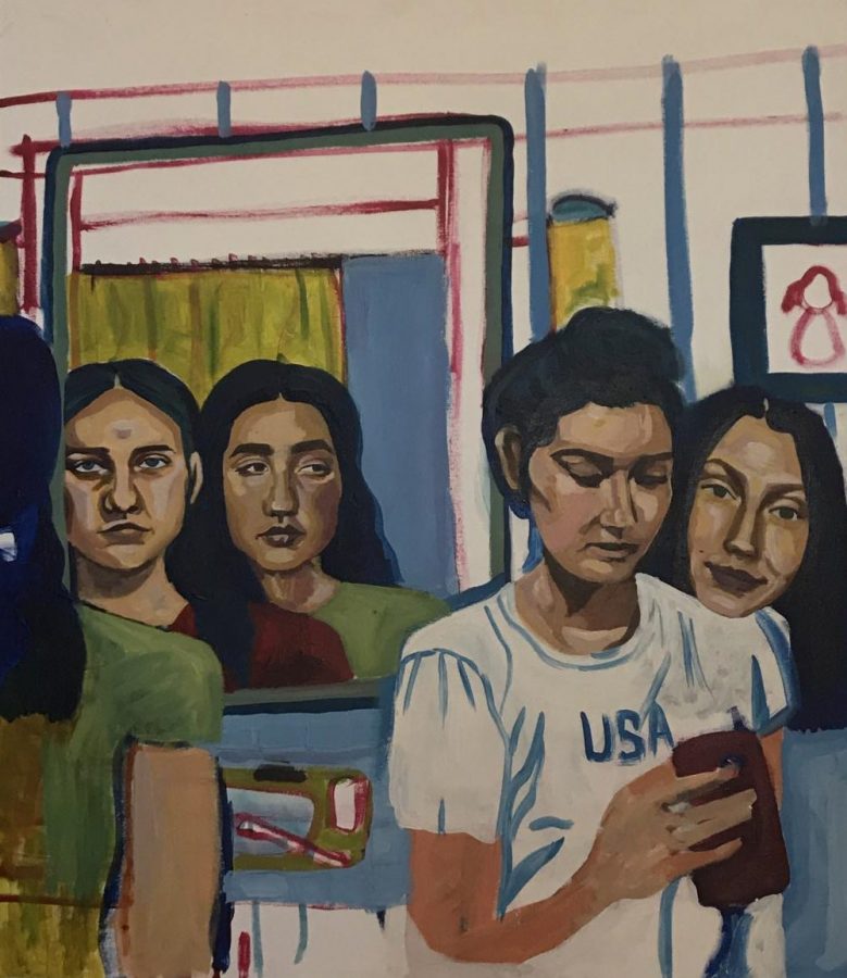 I’ve been working on a painting of me and my cousins in my grandfather’s bathroom where our mothers got ready when they were our age, said Junior Addie Morrisette.