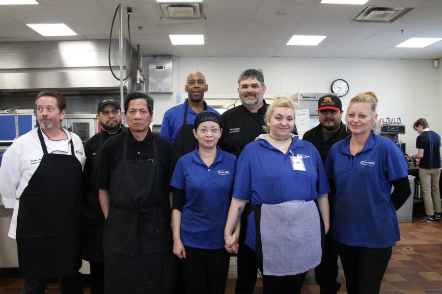 SPAs cafeteria staff pose for their picture in the yearbook. Because of COVID-19, all of the cafeteria staff were laid off. The whole outbreak began just as we started our Spring Break. Learning over SB that we would not be returning was a shock, executive chef Stephen Boese said. 