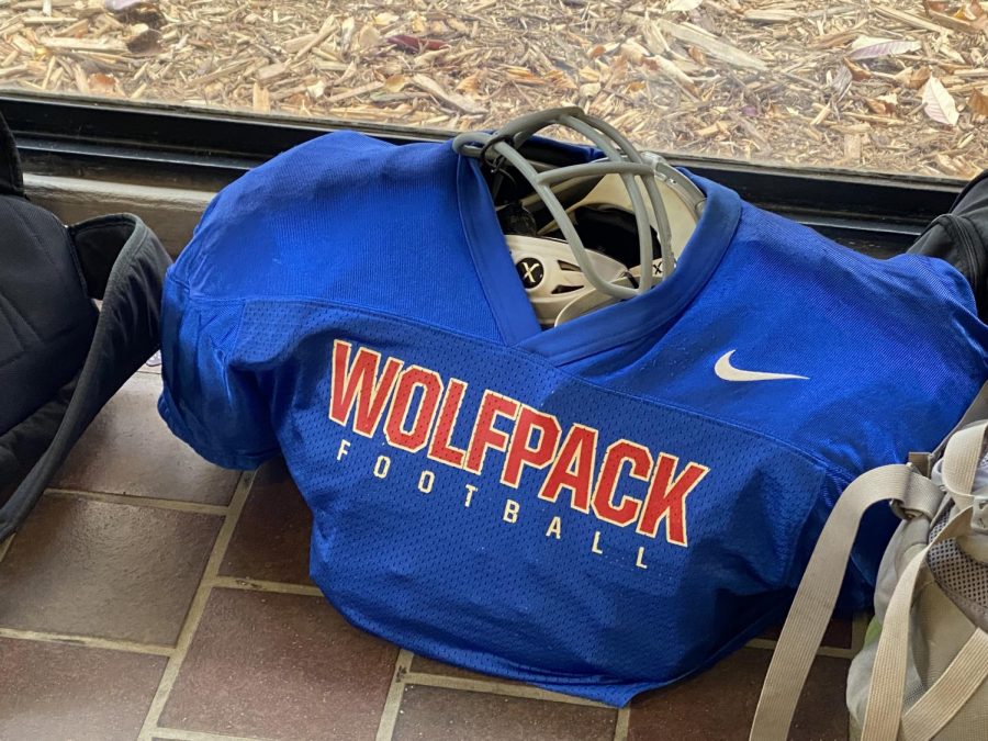 With football moved back into the fall session, a player leaves his jersey in the music hallway so it's ready for practice after school.