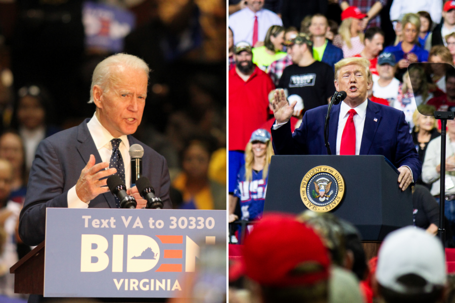 Left: Former Vice President Joe Biden  speaks at a March 1, 2020, rally in Norfolk, Virginia at Booker T. Washington High School. Photo by Carter Marks. Right: President Donald Trump addresses a crowd at an October 10 Keep America Great rally at Target Center in Downtown Minneapolis, MN. Photo by Nikolas Liepins.