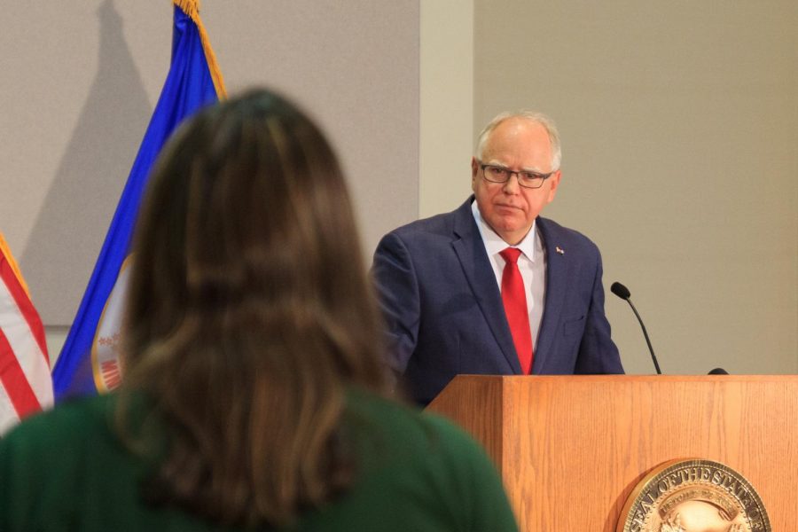 During the Oct. 2 Governor's Student Press Summit in St. Paul, MN, Senior Annika Rock of St. Paul Academy and Summit School's RubicOnline asks Minnesota Governor Tim Walz about elementary students' return-to-school plan in the COVID-19 era. Photo by Nikolas Liepins.