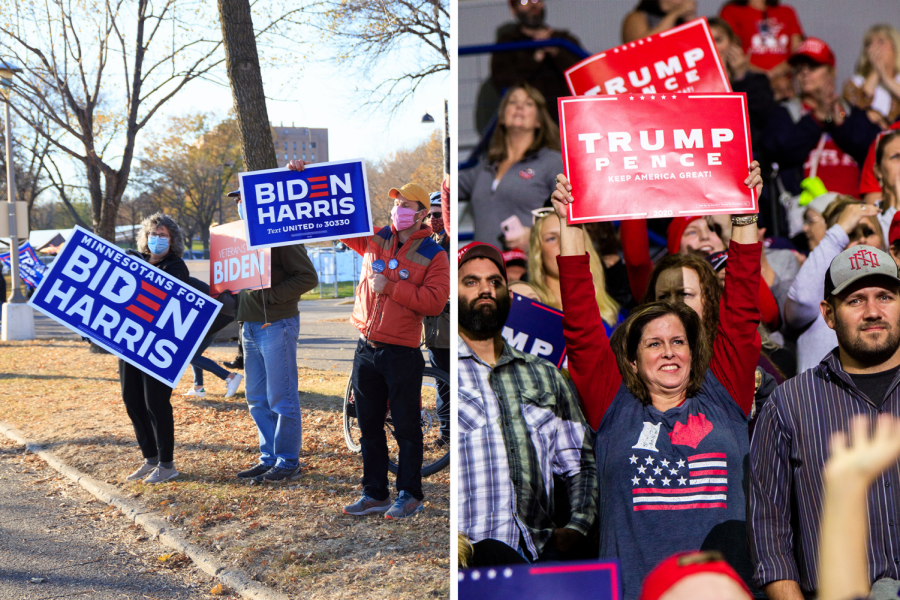 Biden supporters (left) watching a drive-in rally in St. Paul, MN, from afar on October 30, 2020. Trump supporters (right) at a rally in Minneapolis, MN, on October 10, 2019.