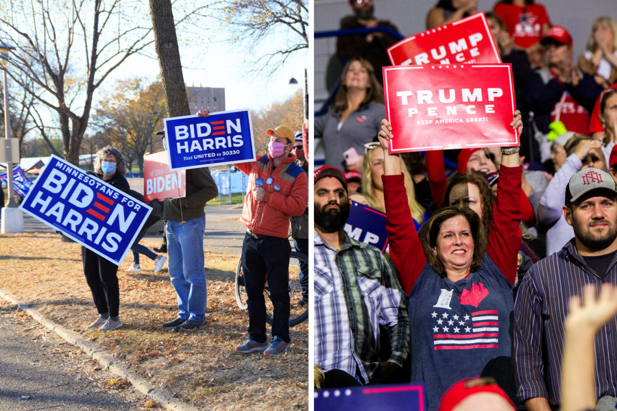 Biden+supporters+%28left%29+watching+a+drive-in+rally+in+St.+Paul%2C+MN%2C+from+afar+on+October+30%2C+2020.+Trump+supporters+%28right%29+at+a+rally+in+Minneapolis%2C+MN%2C+on+October+10%2C+2019.