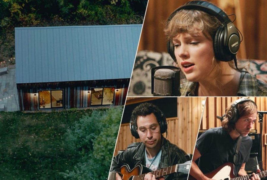 Taylor and her producers, Aaron Dessner and Jack Antonoff, play their album in the same room together for the first time after producing Folklore from their own homes amid stay-at-home orders.