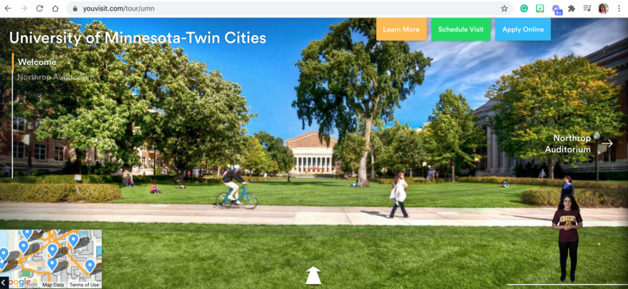 Vitual tours, like the one for U of M Twin Cities, include maps and digital tour guides a well as links to chat features with current and prospective students and an interactive model that can be viewed on screen or smartphone.