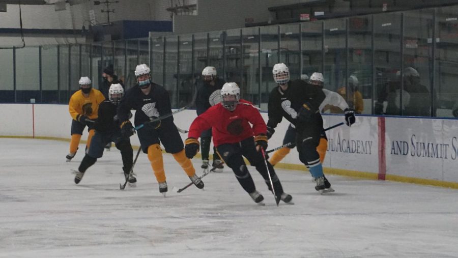 A player rushes towards the puck, ignoring the others following him, hoping to score a goal.