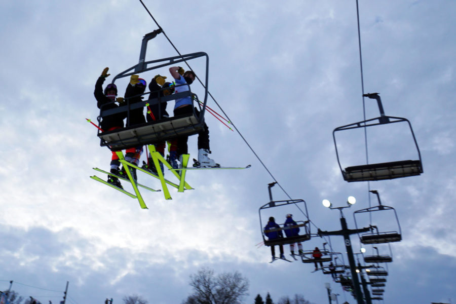 Skiiers take the lift up to the top of the hill at Buck Hill ski area in Burnsville during the meet.