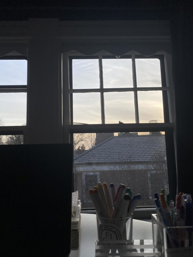 A picture of Hobbs’ workspace as the sun sets. As the snow starts to melt and the sun sets later and later in the day, watching the sunset has been a wonderful way to track time while life is such a blur. 