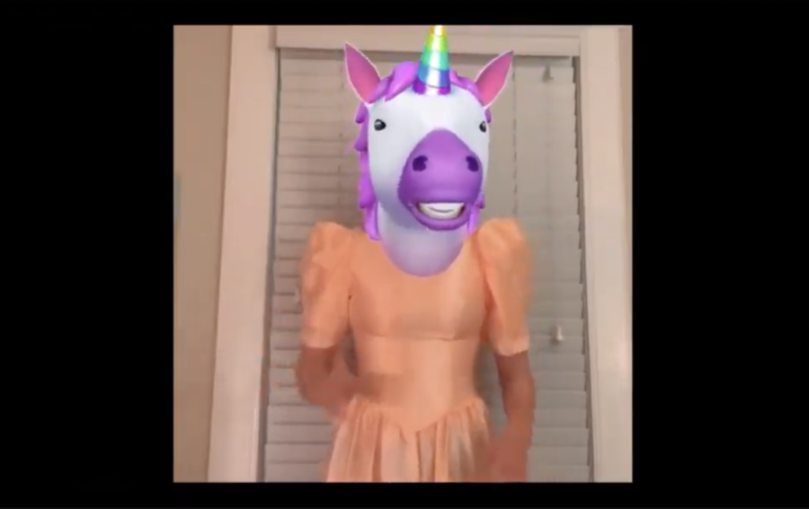 HORSIN' AROUND. The 9th grade masked spartan chose a unicorn for a performance.