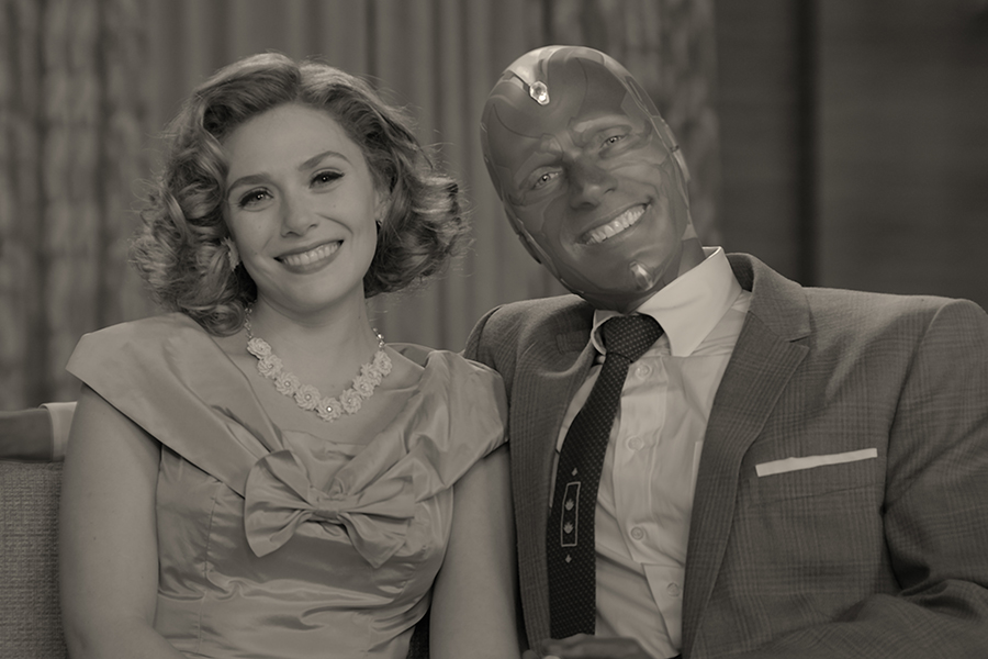 Wanda and Vision in a 1950s sitcom from the first episode of WandaVision.