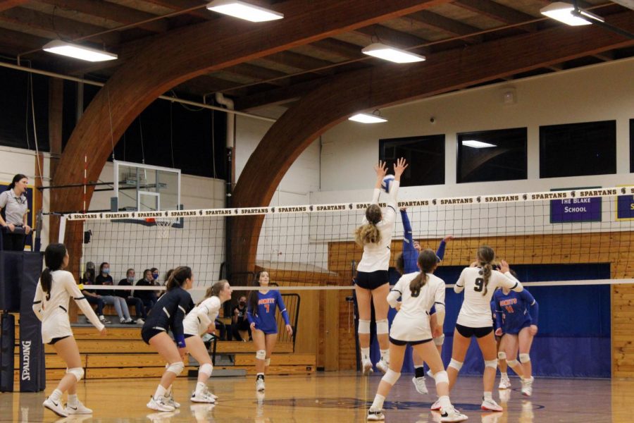 Captain Solvej Eversoll uses her height to her advantage as she makes a successful block. 
