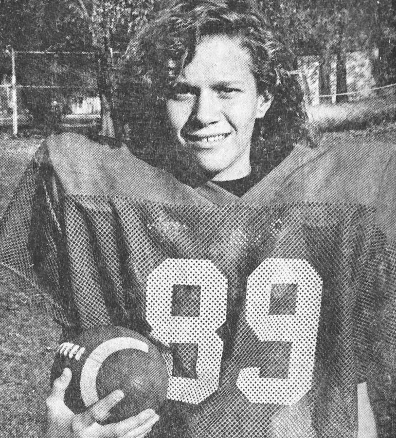 Director of Athletics Dawn Wickstrum dressed as starting cornerback for her MS football team in 1992. I was around a great group of guys that sort of accepted me in their world, she said.