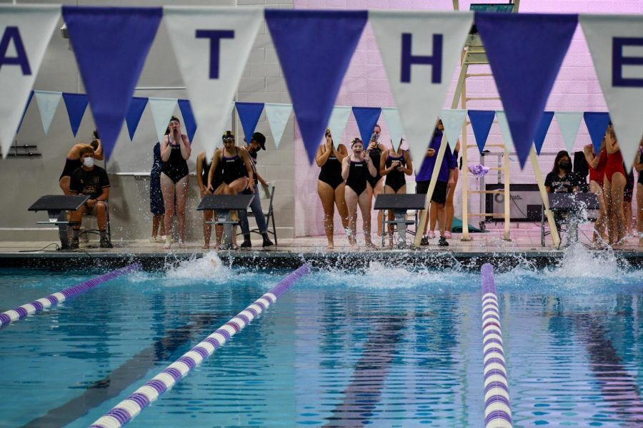 The relay begins. The backstrokers dive into the water and begin not only the first leg of the race but also swim the first lap of the meet.