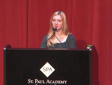 Senior Sophie Cullen delivers her speech in the Huss Center Auditorium. As she is among the few first speakers of the year, Cullen was determined to send an impactful message to the audience about the academic culture at SPA.