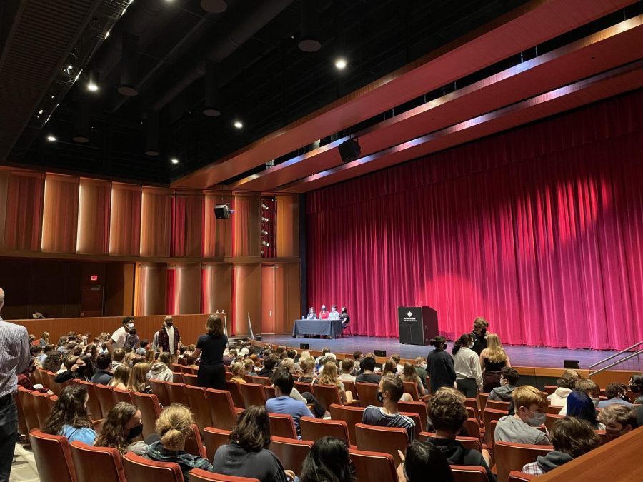 The upper school gathers in the Huss auditorium before a senior speech assembly. There are usually four senior speakers per assembly, which happens once or twice a week. 