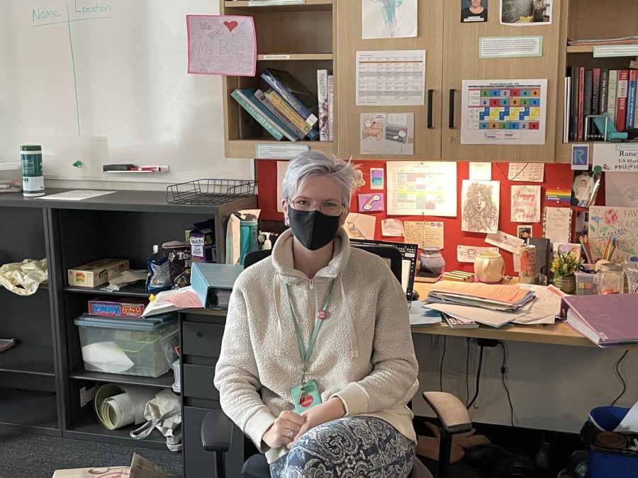 US Math teacher Raney Bice wore a fuzzy Athleta zip-up which her mom gifted her. “It’s very important in our family to be comfy-cozy,” she said. She said she picked this specific sweatshirt because it was good to hide in and kept her splendidly warm in the winter months.