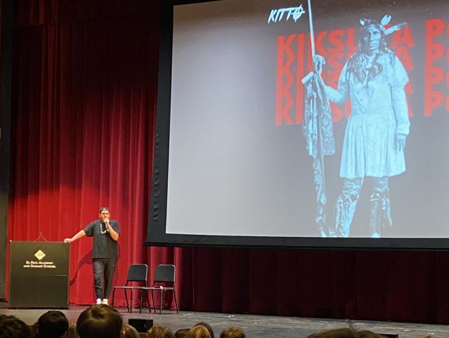 MY STORY, MY SONG. Reuben Kitto Stately talks to the 9-12 assembly about his experience as a native person growing up in the Twin Cities. Stately also shared his belief during Q&A that the best function of a white ally is to spread accurate information and “Just don’t stand in the way, then we will all be at peace.”