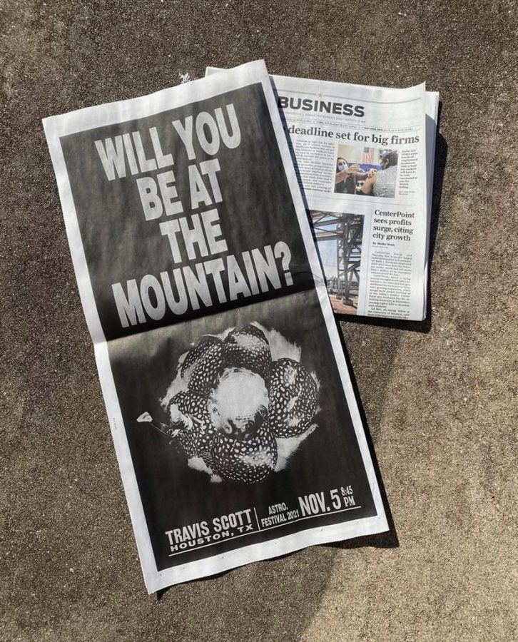 A photo of a newspaper, posted on Travis Scotts Instagram just days before the deadly event, encouraging fans to purchase tickets and show up to the concert.