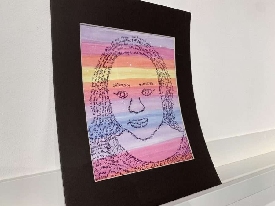 SELF PORTRAIT. Eighth grade students’ work was also featured prominently throughout PINE. Each piece in the “self portrait” collection integrated words and phrases contrasted against a colorful background to create the outline of a face.