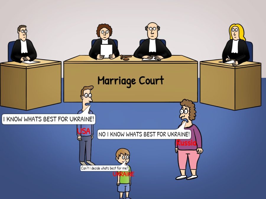 A cartoon of a family court where countries discuss the future of Ukraine