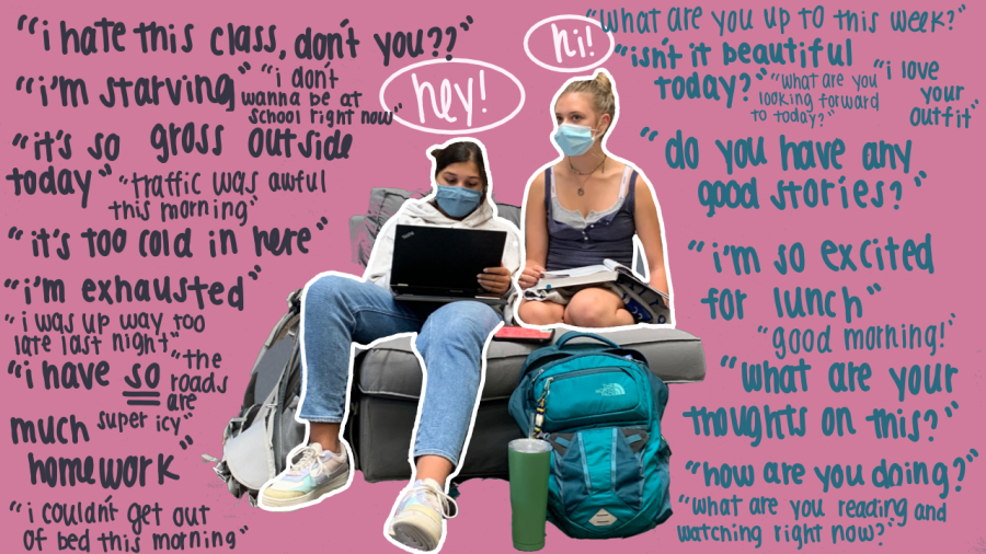 Two students sit and have a convesation, surrounded by positive and negative comments. 