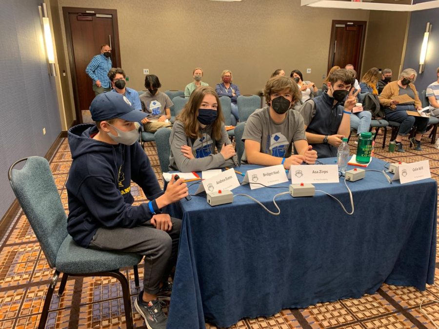 Quiz Bowl team members Andrew Evens, Bridget Keel, Asa Zirps, and Colin Will prepare for their first round at Small School Nationals on Apr. 23. Coach Kate Lockwood said, Were having a really great time and playing some really great quiz bowl.