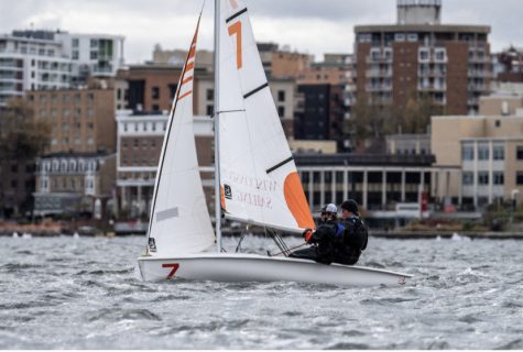 SETTING SAIL. Last fall, sailing club members Lorenzo Good and Wyatt Tait traveled to Madison, Wisconsin, and participated in the University of Wisconsin Advanced Sailing Clinic. Here, they are practicing for a race on a doublehanded sailboat. 